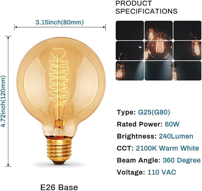 Edison Incandescent Light Bulbs 60 Watt, G25(G80) Vintage Light Large Bulb, 6-Pack Globe Bulbs 2100K Warm White, E26 Medium Base Dimmable, 240 Lumens Filament, Vanity Light Bulbs for Bathroom