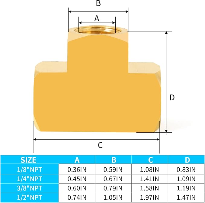 ChillWaves Brass Pipe Fitting, Barstock Tee 1/8" x 1/8" x 1/8" NPT Female Thread Adapter(6-PACK)