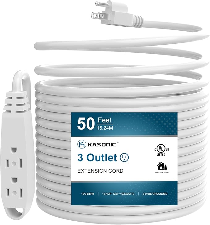 K KASONIC - 50-Feet 3 Outlet Extension Cord, UL Listed, 16/3 SJTW 3-Wire Grounded, 10 Amp 125 V 1625 Watts, Multi-Outlet Indoor/Outdoor Use, White