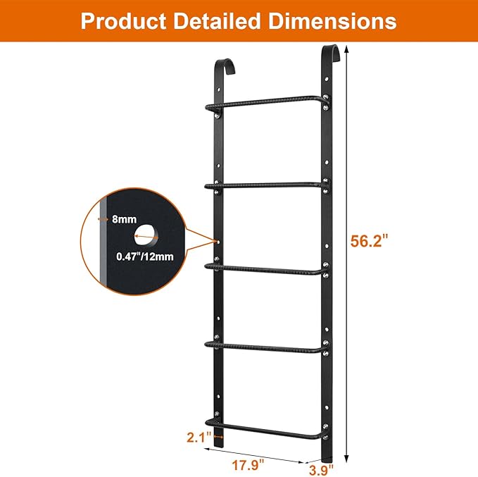 5-Rung Window Well Ladder Hooked, Heavy Duty Steel Fire Escape, Powder-Coated Basement Egress Wall Mounted, 56.2" Lx17.9 W, Black