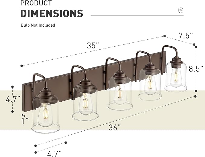 zeyu 5-Light Modern Vanity Light Fixture, 36" Bathroom Light Fixtures Wall Mount with Clear Glass, Oil Rubbed Bronze Finish, ZSL72B-5W ORB