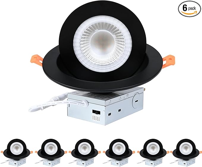 ZYC Gimbal LED Recessed Lighting - 6 Inch 5CCT 12W 360° Rotation Adjustable Eyeball Light,LED Swivel Spotlight,Directional Sloped Ceiling Light,Dimmable Canless Wafer Downlight Pack of 6 Black.