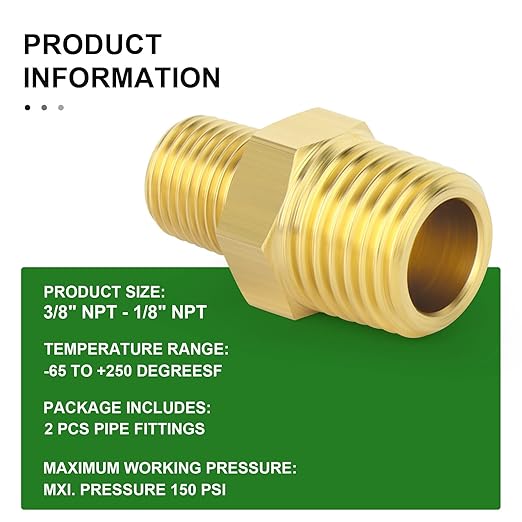 TAISHER 2PCS Brass Pipe Fitting, Reducer Adapter, Hex Nipple, 3/8-Inch Male Pipe x 1/8-Inch Male Pipe