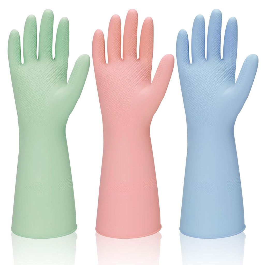 Rubber Kitchen Dishwashing Gloves - 3 Pairs Reusable Household Cleaning Gloves, Flexible and Durable & Non-slip Cleaning Gloves, Great for Kitchen, Bathroom, Laundry (Medium, Pink+Green+Blue)