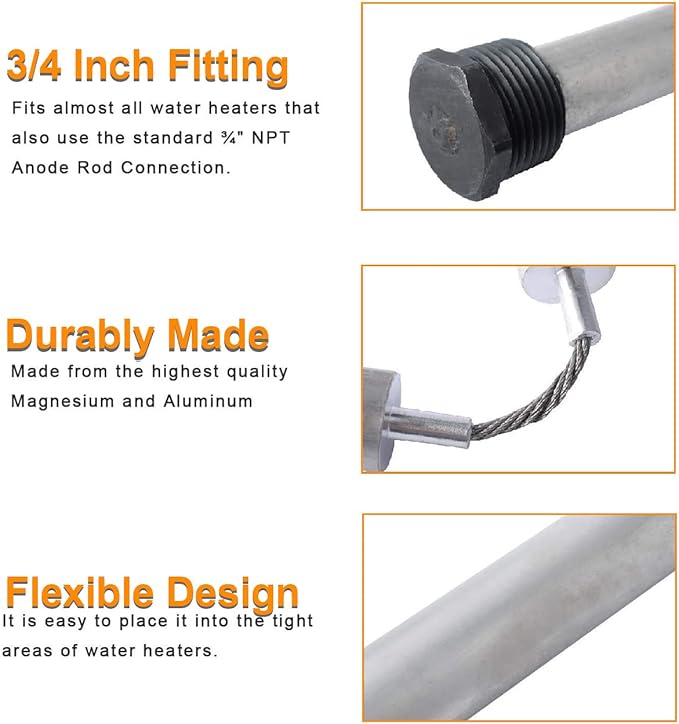 44'' Flexible Magnesium Anode Rod for Hot Water Heater Compatible with Rheem Reliance Richmond GE KenmoreTanks 3/4" NPT Thread 0.8'' Diameter Home Water Tank Anode Rod