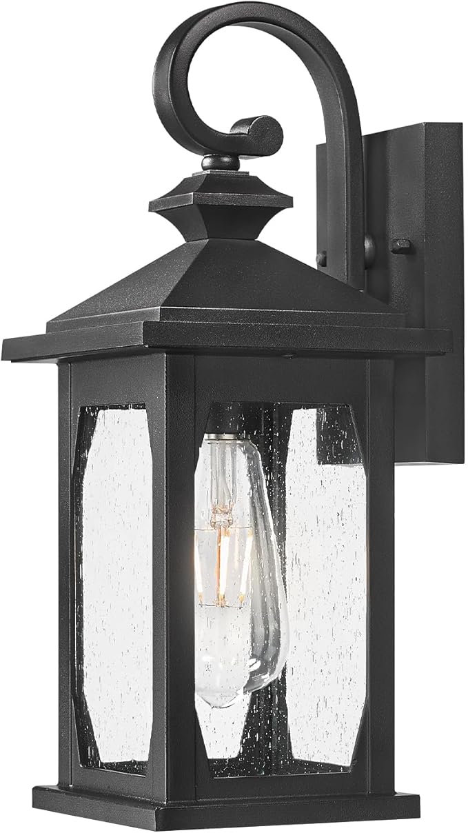 zeyu 1-Light Exterior Light Fixture, 14.4 Inch Outdoor Wall Lantern for Patio House, Die-Cast Aluminum with Seeded Glass, Black Finish, ZD99B BK