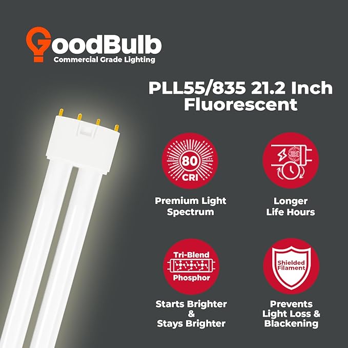 GoodBulb PLL55/835 55W 21.2" Twin Tube Compact Fluorescent Light Bulb 4-pin 2G11 Base 3500K Neutral White 3900 Lumen 36000 Hour Long Life Biax Pack of 10