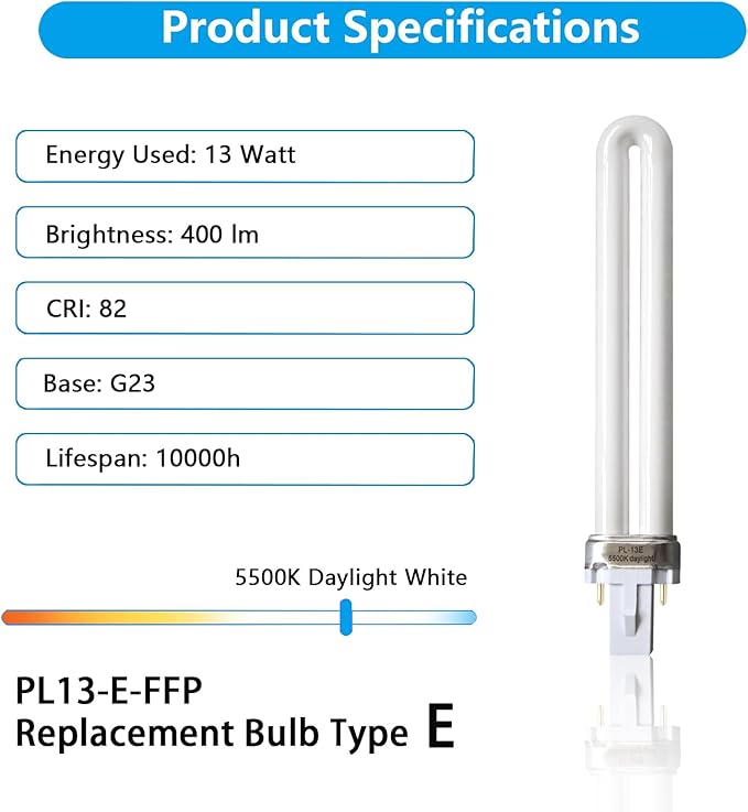 PL13-E-FFP 13W Type E Fluorescent Light Bulb Compatible with Electronic Ballast Bulb,Replace for Ottlite T1333E,5500K Bright Natural Daylight,G23 Base,2Pack