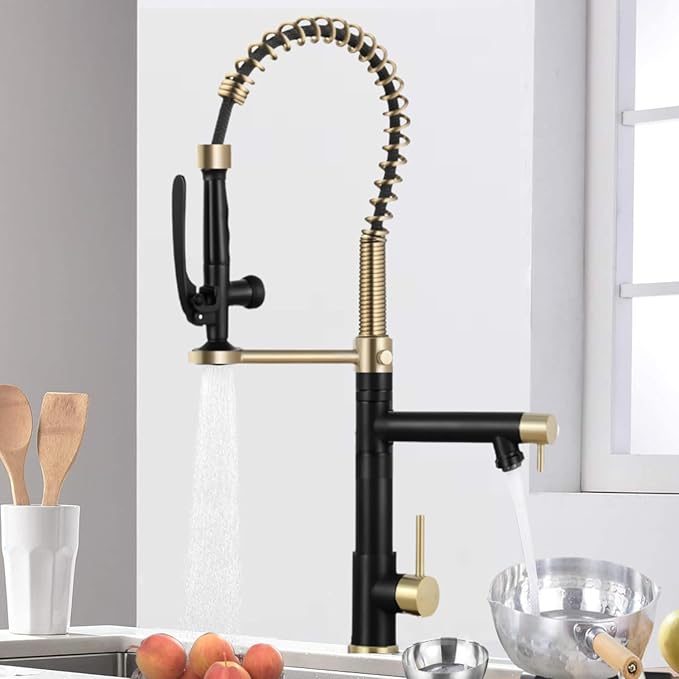 Smart Kitchen Faucet, 3 Modes Pull Down Sprayer, LED Temperature Control, Ceramic Valve,360-Degree Rotation,1 or 3 Hole Deck Plate, Double Spout. 10-Year Warranty. (KW-29RK, Gold/Black)