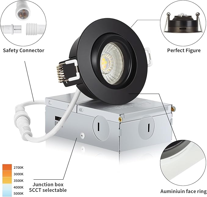 Black 3 Inch Recessed Lighting 6 Pack, Ajustable Eyeball recessed Light with Junction Box,5 Color Selectable,Airtight,7W 550LM,Dimmable,Black