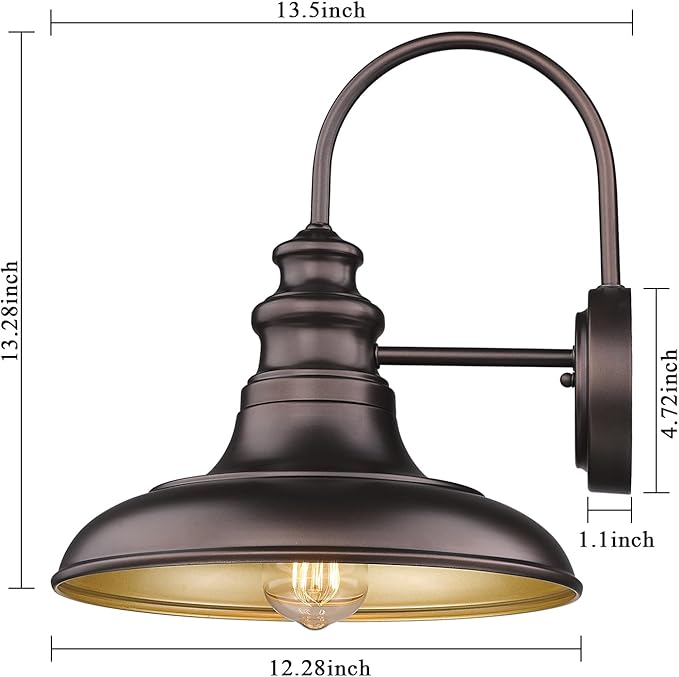 Outdoor Barn Light Fixture Farmhouse Wall Mount Light Gooseneck Wall Sconce Exterior Wall Lighting Fixture Industrial Bronze Finish Lantern for Porch with Gold Interior, 4Pack, RZ004-4PACK ORB