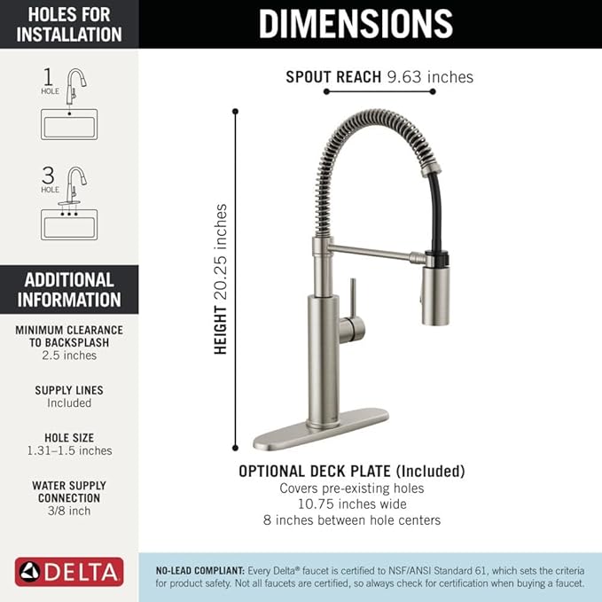 Delta Antoni Pro Style Commercial Kitchen Faucet with Pull Down Sprayer, Brushed Nickel Single Hole Kitchen Sink Faucet, Single Handle, Spotshield Stainless 18803-SP-DST