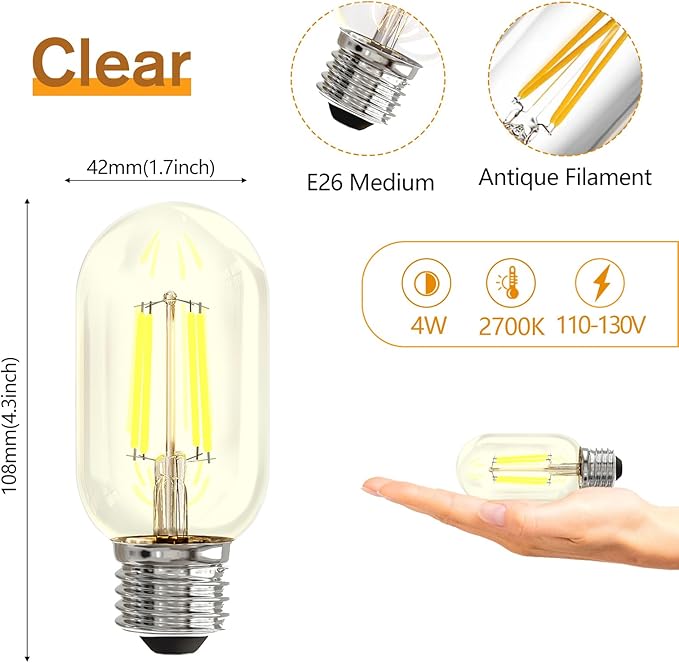 T45 LED Edison Bulbs, 6 Pack, 40W Equivalent, 2700K Warm White Cozy Light, 4W E26 Base LED Bulbs, Dimmable, Clear Glass Light Bulb for Chandelier Light Fixtures