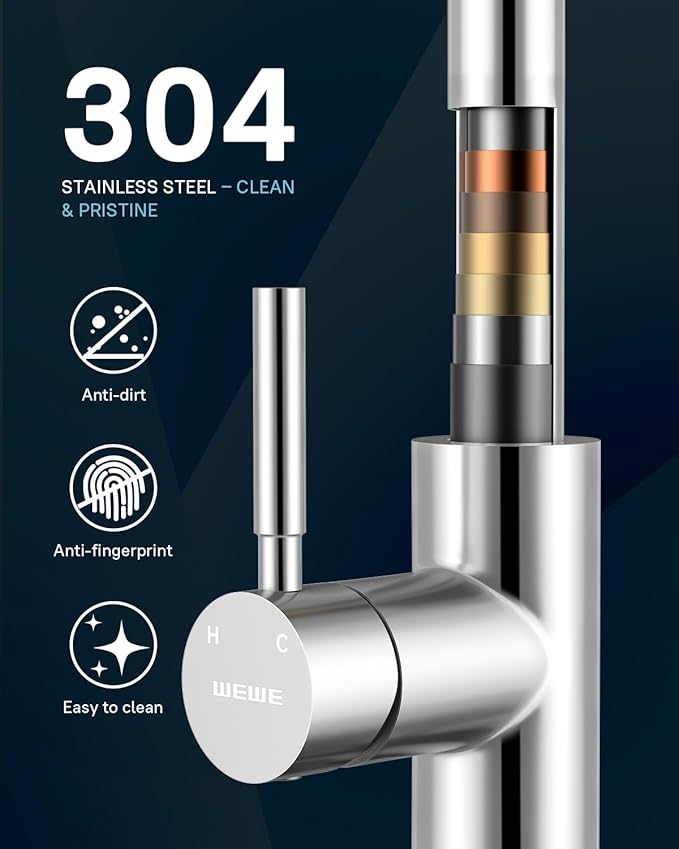 WEWE Kitchen Faucets with Pull Down Sprayer, Stainless Steel Single Handle 1 Hole for Family Kitchen Commercial Camper Laundry Rv Bar, Polished Chrome