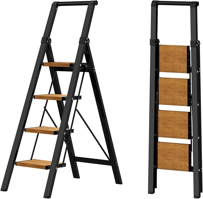 HillhutApex Step Ladder, Aluminum Lightweight Folding 4 Step Stool with Anti-Slip Wide Pedal, 330lbs Capacity Steel Ladder for Household and Office