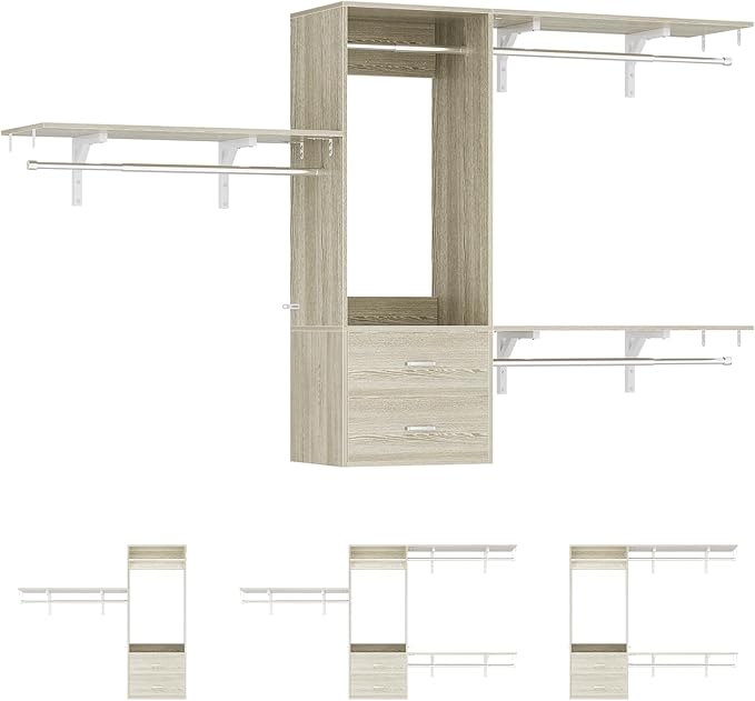 Cyclysio 8 FT Hanging Closet Organizer, 96 Inch Closet Organizer and Storage with 4 Adjustable Rods and 3 Shelving Towers, Wardrobe with Drawers for 4-8FT Spaces(Cut-to-Fit), Oak