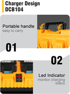 DCB104 20V MAX Battery Charger Replacement for Dewalt Battery Charger, 4 Port Multi Charger Station with 2 USB Ports, Compatible with Dewalt 12V-20V Batteries
