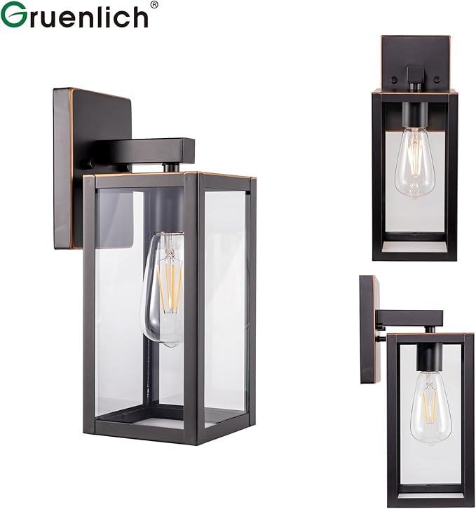 GRUENLICH Waterproof Large Outdoor Wall Lanterns, Modern Porch Sconces with Clear Glass Shade, E26 Socket Max 60W, IP65, Metal Frame, for Patio, Front Door, Entryway, Oil Rubbed Bronze Finish, 2-Pack