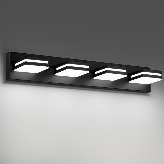 Modern LED Bathroom Lights Fixtures(4-Light),Metal Black Acrylic Wall Lighting,Vanity Lights for Bathroom Over Mirror(6000k 27In
