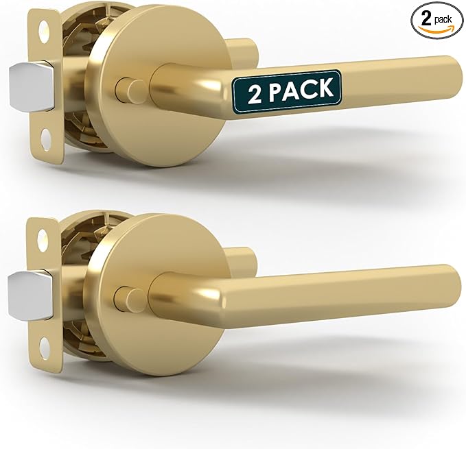 Mega Handles Ronn Privacy Door Handle - 2 Pack Interior Reversible Gold Door Handle, Heavy Duty Bed & Bath Door Handles with Privacy Door Lock, Fits All Standard Doors - Satin Brass