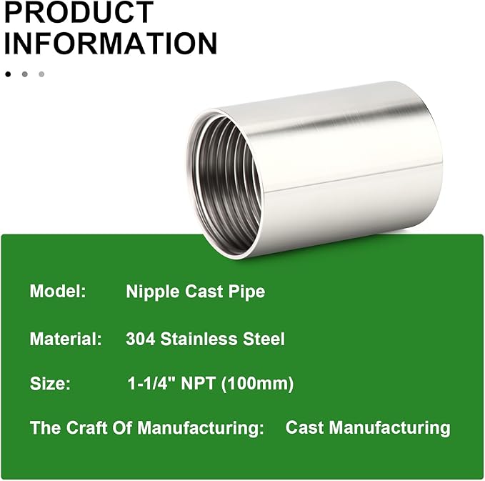 TAISHER 1PCS Stainless Steel Pipe Fittings, 1-1/4" NPT Female x 1-1/4" NPT Female Threaded, 4" Length Nipple Cast Pipe