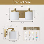 Stainless Steel Milk Glass Vanity Lights for Bathroom, 2 Light Gold Bathroom Light Fixtures Over Mirror, Ceramic E26 Sockets Wall Mounted