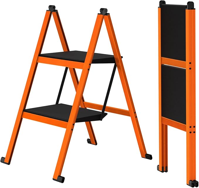 2 Step Ladder,Aluminum Ultra Thin Folding Step Stool,400 Lbs Capacity Heavy Duty with Anti-Slip Sturdy and Wide Tread,Closet Slim Step for Home,Kitchen and Office,Space Saving (Orange, 2-Step)