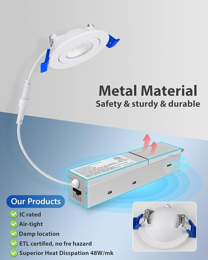 Adetu 2 Inch 5CCT Gimbal Led Recessed Lighting with Junction Box, 360°+90° Adjustable Recessed Can Lights, 2700K/3000K/3500K/4000K/5000K Selectable, 5W Eqv 50W, 550LM Brightness - ETL (White, 1 Pack)