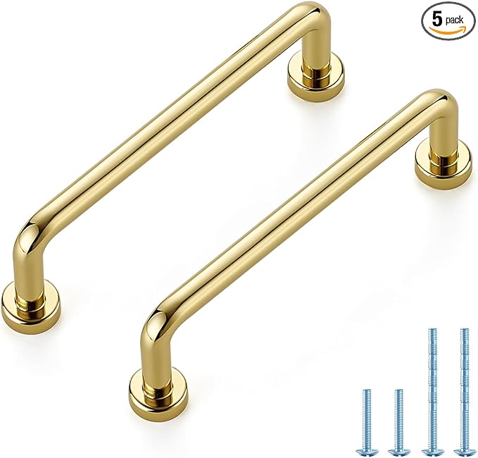 JOY DECOR Cabinet Pulls – 3-3/4 Inch Hole Center, Polished Brass, 5 Pack, Zinc Alloy Cabinet Handles for Drawers & Cupboard – Vintage Style Hardware for Kitchen, Bathroom, Dresser, Furniture Makeover