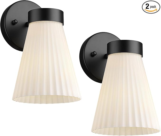 Bathroom Wall Sconce Set of Two, HWH Wall Vanity Light with Frosted White Striped Shade, Industrial Wall Lamp Matte Black for Bathroom Doorway, 5HZG97B-2PK BK