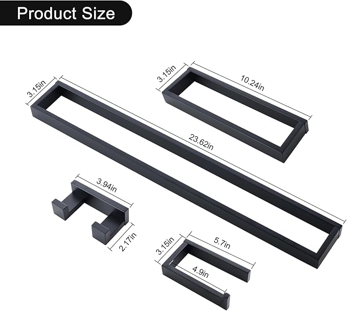 TNOMS Black Towel Bar Set, 4-Pieces Bathroom Hardware Set Modern Bathroom Towel Holder Set SUS304 Stainless Steel Wall Mounted Towel Rack Set,23.6 Inch