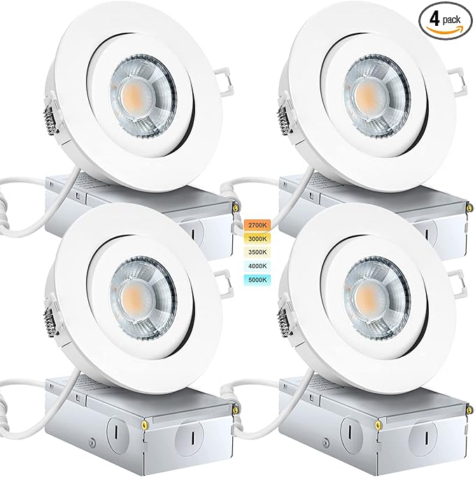 Gimbal Recessed Lighting 4 Pack, Ajustable Gimbal Recessed Ceiling Light with Junction Box,5 CCT(2700K-5500K) Selectable,9W 750LM,Dimmable,Airtight, ETL Listed