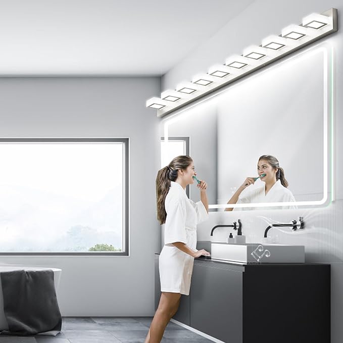 Ralbay 10-Light Brushed Nickel Bathroom Vanity Light Metal Acrylic Modern LED Bathroom Lighting Over Mirror