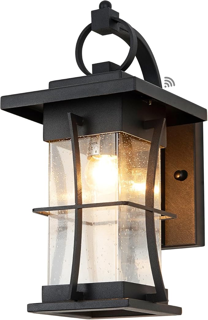Dusk to Dawn Outdoor Wall Lantern Exterior Light Fixtures Wall Mount Porch Light with Photocell Sensor Waterproof Outside Wall Lights for House, Patio, Garage, Black with Seeded Glass