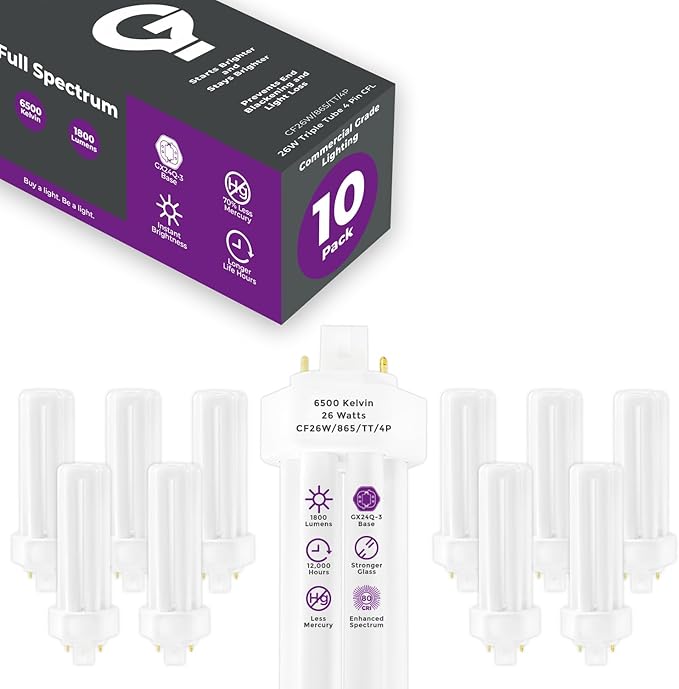 GoodBulb 26 Watt CFL Light Bulbs 4 Pin GX24Q-3 Base 6500K Full Spectrum 26W High Output 1800 Lumens Triple Tube Compact Fluorescent Light Bulbs Plug-in 10 Pack