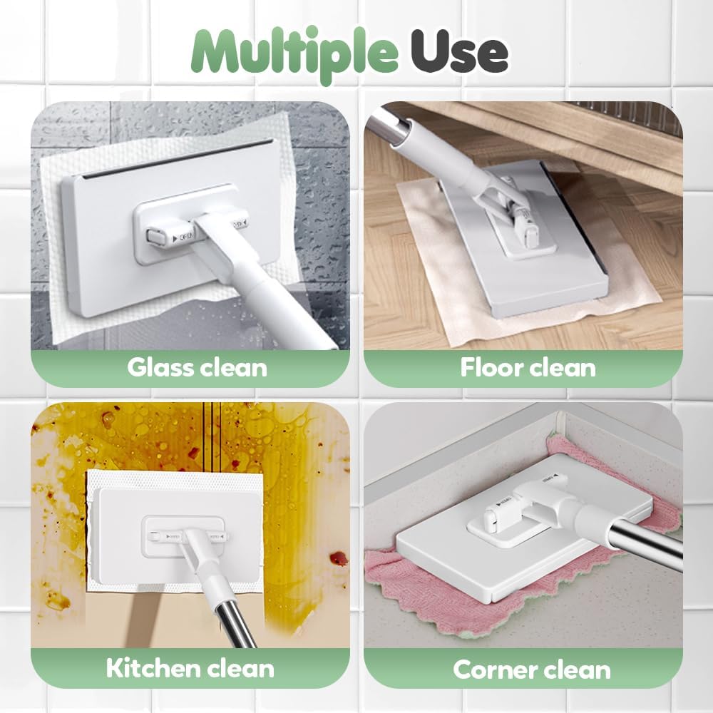 Disposable Dust Mop with 4 Reusable Cloths, Flat Mop with Disposable Pads, 39" Long Handle Wet and Dry Mopping Sweeper Stick with Locking Head & Sweeping Cloths for Multi Surface Floor Cleaning
