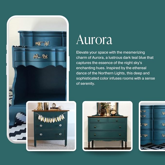 Country Chic All-in-One Chalk Paint for Furniture, Cabinets, Home Decor, Eco-Friendly, Matte Finish, Built-In Primer & Top Coat for Wood, Metal - Aurora (Teal Blue) - Pint 16 oz (475 ml)