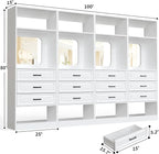 Unikito 100" Freestanding Closet System with Drawers, 8FT Closet Organizer Wardrobe with Storage Shelves and Mirror, Heavy Duty Wood Walk-in Closet Towers for Bedroom, Max Load 2000 LBS, White