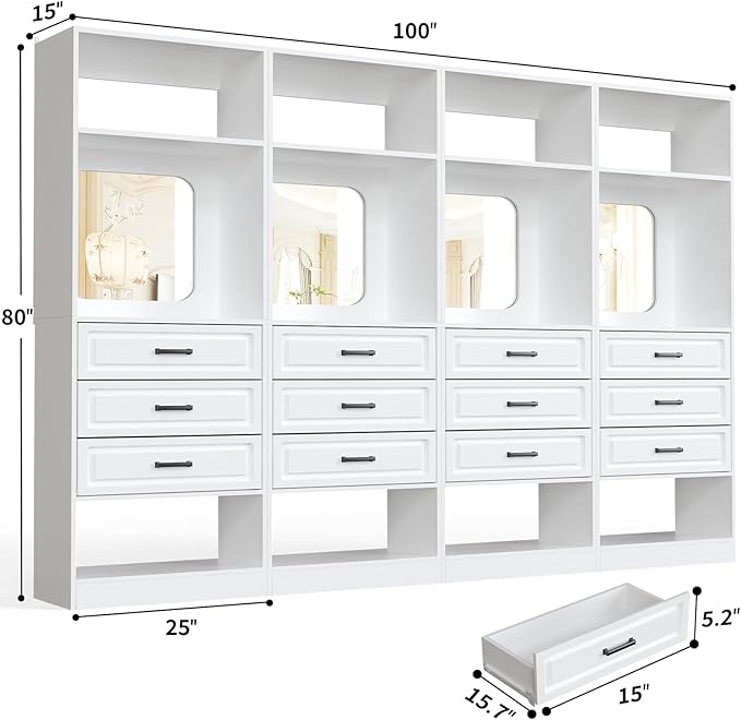 Unikito 100" Freestanding Closet System with Drawers, 8FT Closet Organizer Wardrobe with Storage Shelves and Mirror, Heavy Duty Wood Walk-in Closet Towers for Bedroom, Max Load 2000 LBS, White