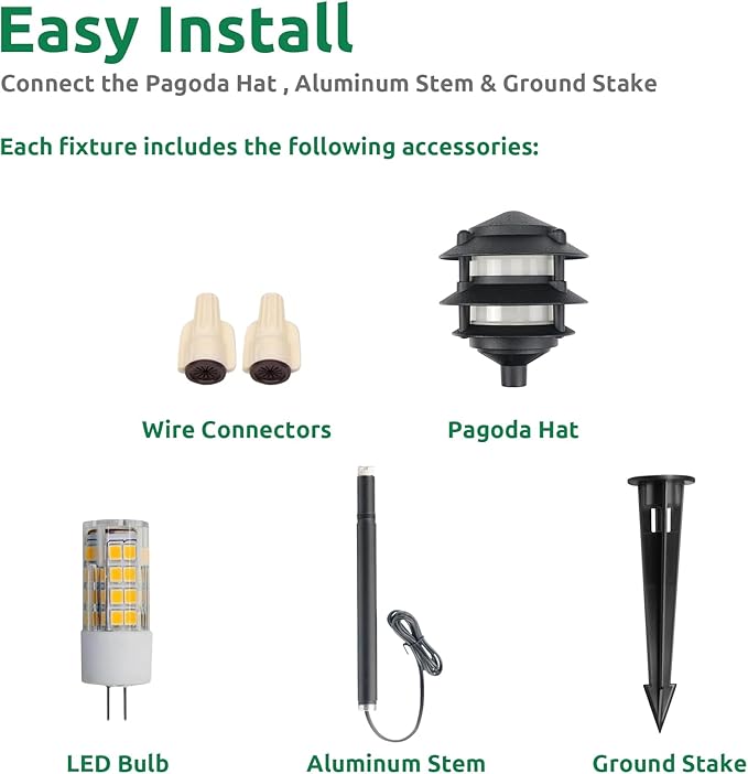 Lumina Lighting® Low Voltage Landscape Lighting Cast-Aluminum Pagoda Path and Area Light Warm White 4W G4 LED Bulb and ABS Ground Stake Included for Yard Walkway Lawn PAL0103-BKLED4 (Black,4-Pack)