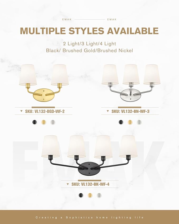 Emak 3-Light Vanity Light, Brushed Gold Bathroom Light fixtures with Flared White Fabric Shade, Modern Bathroom sconces for Mirror, Hallway, Bedroom, VL132-BGD-WF-3
