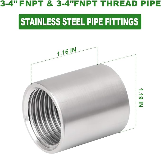 TAISHER 10PCS 304 Stainless Steel Cast Pipe Fitting, Coupling, 3/4" x 3/4" NPT Female Threaded