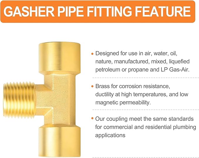 GASHER 2PCS Metals Brass Pipe Fitting Barstock Male Branch Tee T Adapter 1/4" Female x 1/4" NPT Female x 1/4" NPT Male