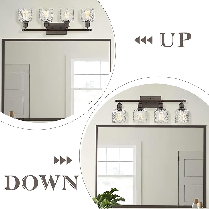 zeyu 4 Light Fixtures for Bathroom Above Mirror, Vintage Vanity Lighting Fixtures, Oil Rubbed Bronze Finish with Clear Hammered Glass, ZJF63B-4W ORB