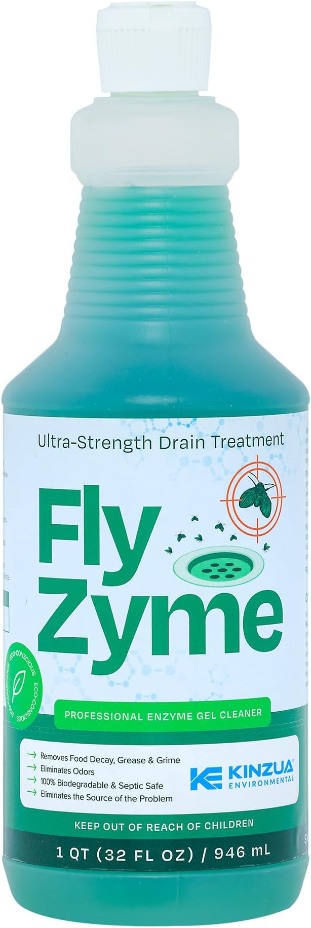 Kinzua Environmental Fly-Zyme, Highly Concentrated Enzyme Drain Cleaner for Pipes, Drain Gel for Fruit Flies, Organic Waste Degrader & Odor Neutralizer, 32 fl oz