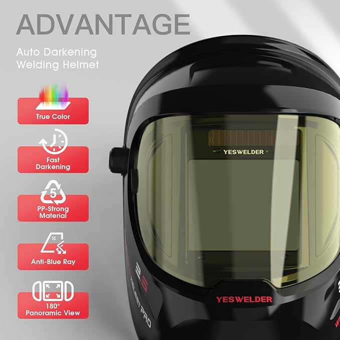 YESWELDER Auto Darkening Welding Helmet with SIDE VIEW, 180° Panoramic View, 1/1/1/1 True Color Solar Powered Welder Hood, Wide Shade 3/5-9/9-13 Welder Mask for TIG MIG ARC CUT and GRIND, LYG-Q800D