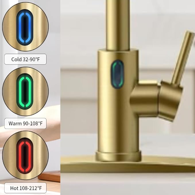Touch-Less Kitchen Faucet, 3 Modes Pull Down Sprayer, LED Temperature Control,Sensor Activated,Ceramic Valve, 360-Degree Rotation, 1 or 3 Hole Deck Plate. 10-Year Warranty. (KW-79J, Gold)