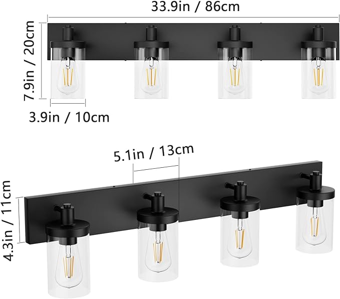 Aipsun Bathroom Vanity Light Farmhouse 4 Light Matte Black Vanity Lighting Fixtures with Clear Glass Shade(Exclude Bulb)