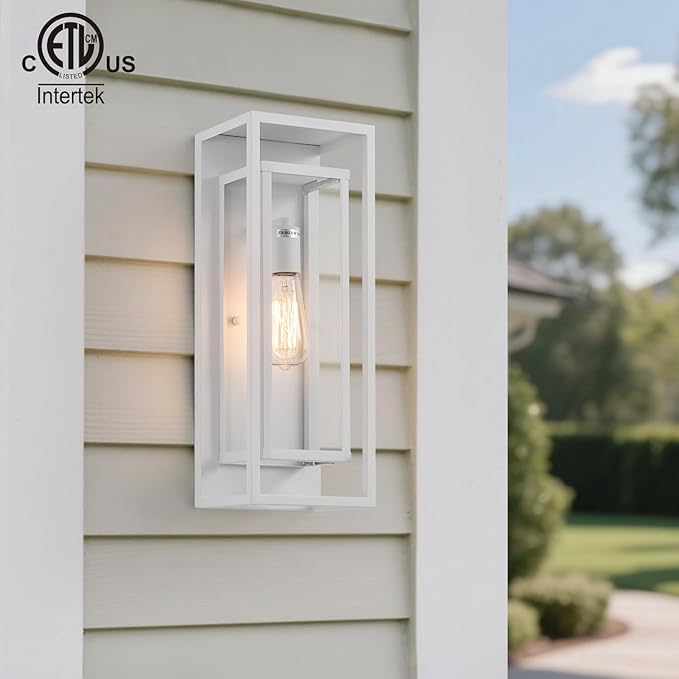 mirrea 18" Classic Outdoor Wall Sconce 1 Light in Rectangular Metal Frame and Clear Glass Shade Waterproof Porch Light Patio Light Pack of 2 (Matte White)