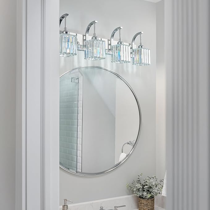Crystal Vanity Lights 4-Light Chrome Bathroom Vanity Lights Modern Crystal Bathroom Light Fixtures Over Mirror 32.67" Long Vanity Light for Bathroom